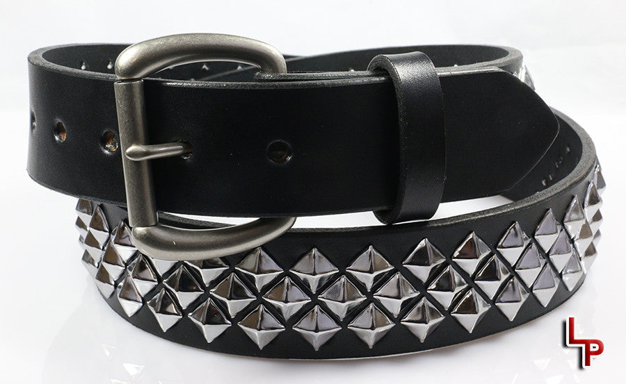 Black Leather Belt - 3 Row Nickel Pyramid Studs & Chains