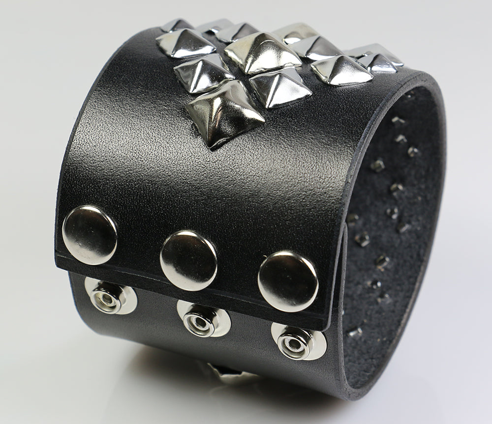 Jewelry Trends Black Leather Steel Two Row Pyramid Stud Bracelet with  Adjustable Snaps